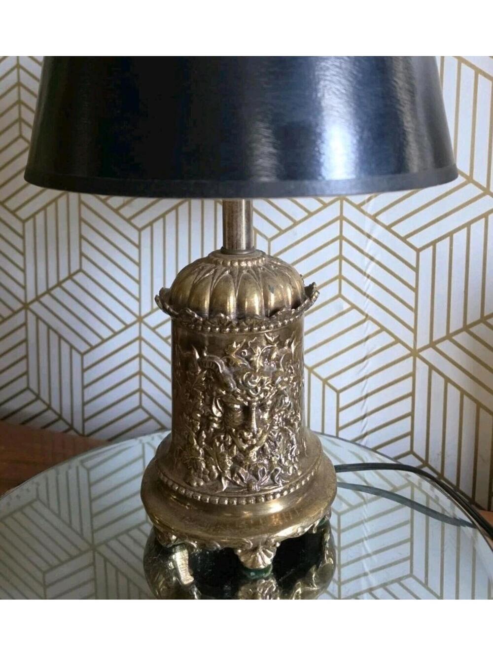 Vintage Gold Brass Repousse Greenman Green Man Foliate Head Lamp w Shade